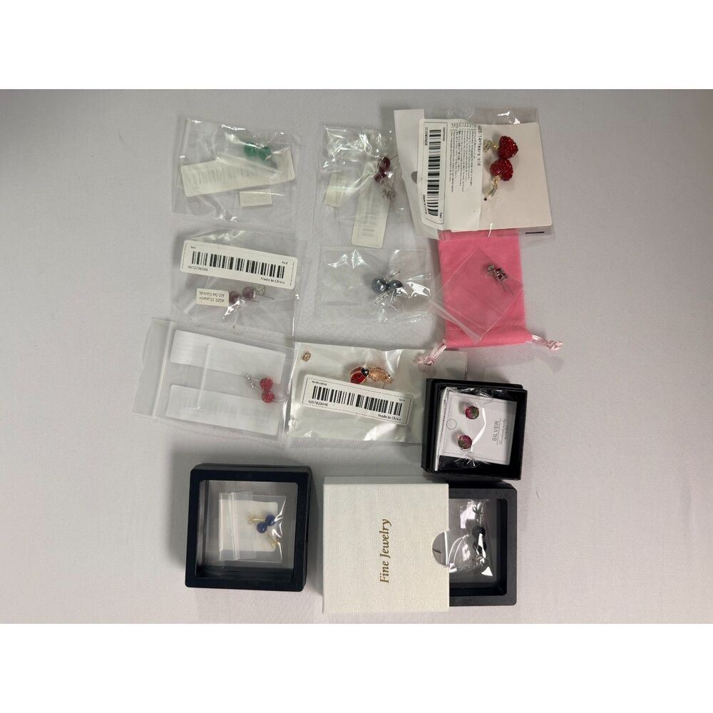 11 Pair Fashion Earrings Lot Colorful Studs Red Hearts Ladybugs Dangles